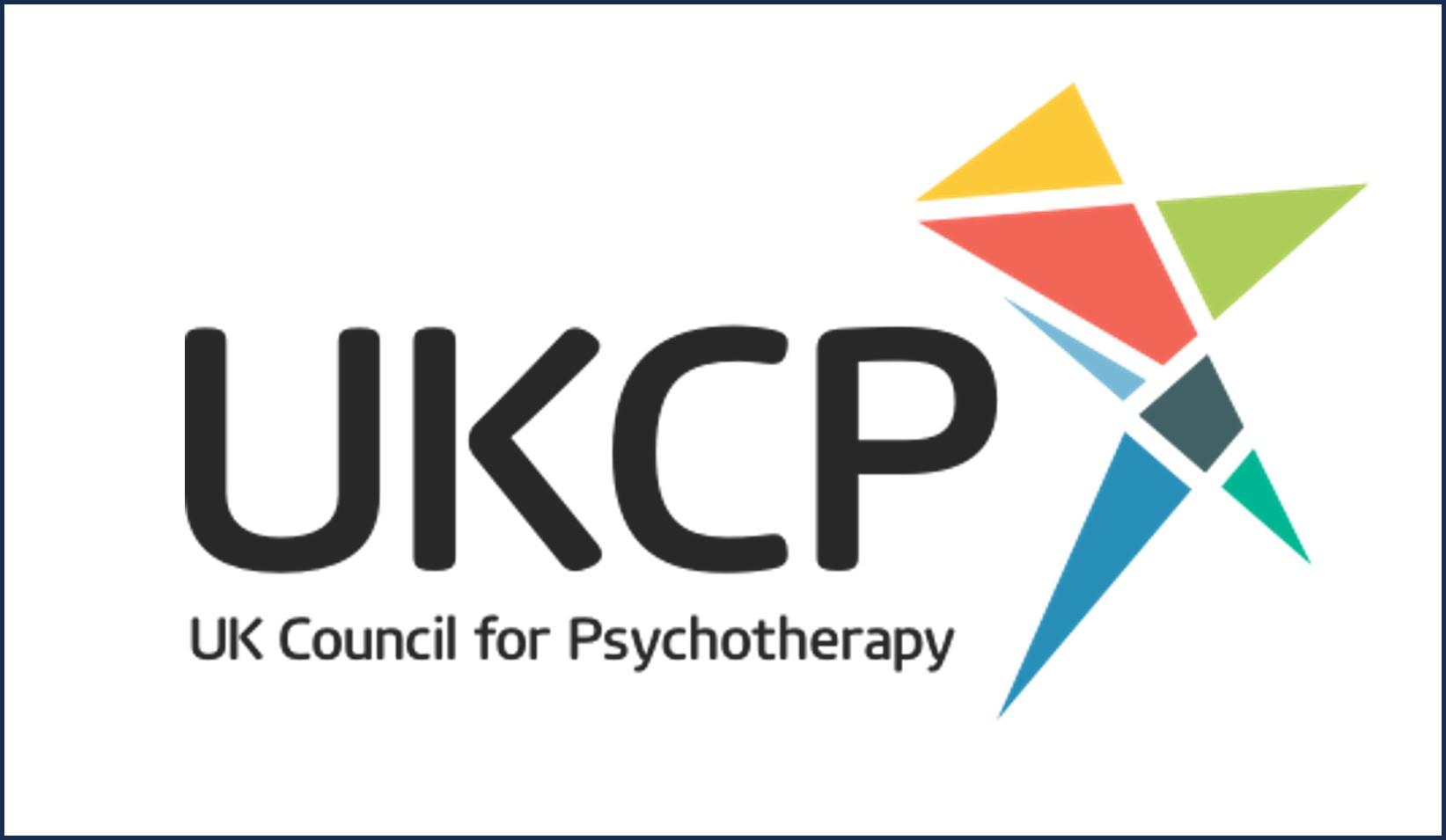 UKCP Logo with link to Michelle's profile on the UKCP website; logo in yellow orange green blue and turquoise triangles