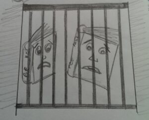 Cartoon of two books behind a jail grill