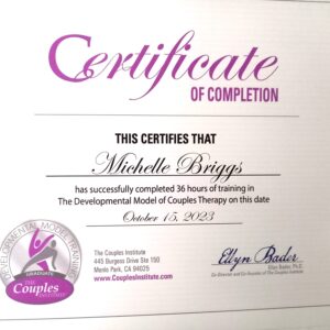 Couples Institute Certificate of Completion for Michelle Briggs