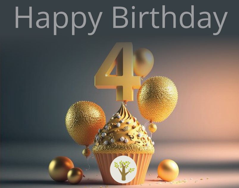 cupcake with gold frosting, 3 balloons the number 4 and 3 baubles all in gold and the words Happy Birthday above in silver all on a grey and gold background