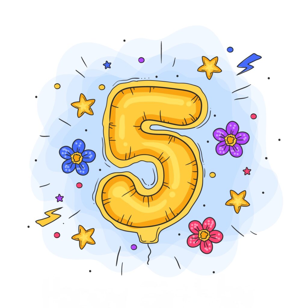 cartoon number 5, yellow in colour with 3 cartoon flowers and 4 cartoon starts