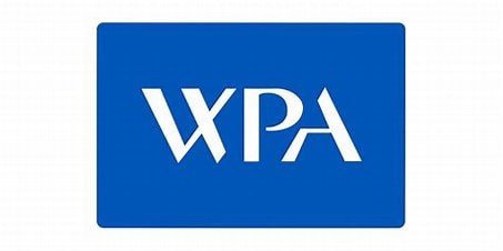 WPA's logo. White letters W P A on a blue background.