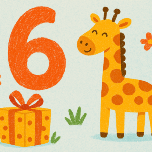 6th birthday card with a cartoon giraffe and a present