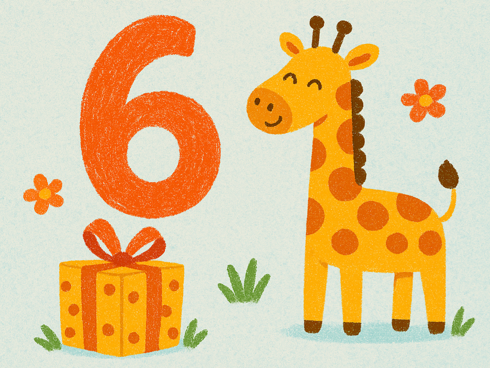 6th birthday card with a cartoon giraffe and a present